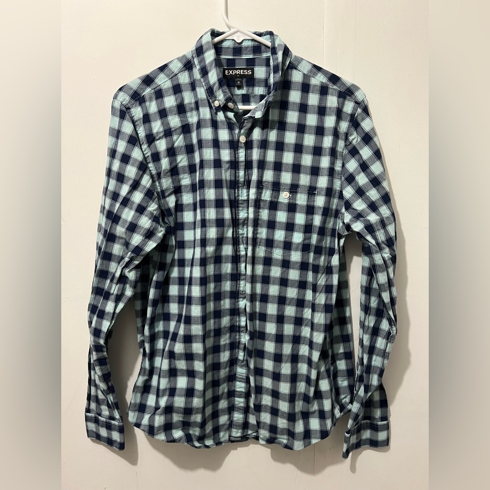 Express Men's Navy and Light Blue Plaid Checkered Button Up Shirt Size Medium